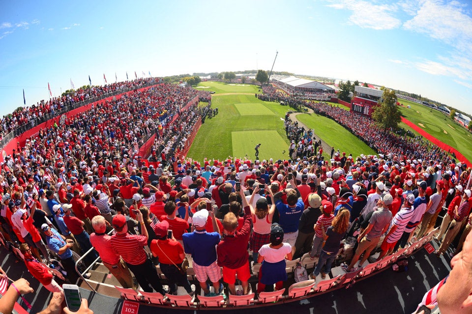 The scene at the 1st hole with Rory McIlroy on the tee.