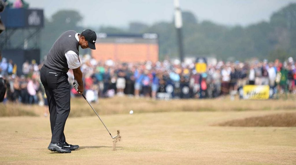 Tiger Woods hits a shot during the third round of the British Open.