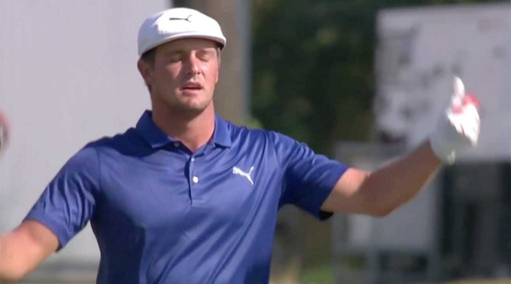 Bryson DeChambeau reacts after dumping a shot into the water on Sunday in Germany.