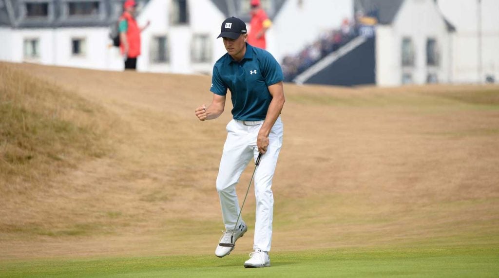 Jordan Spieth pumps his fist after making a putt on Saturday at the British Open.