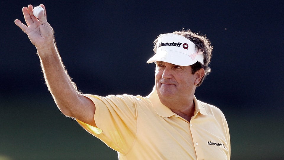 Bruce Lietzke acknowledges the fans during the Administaff Small Business Classic at The Woodlands Country Club in Texas in 2009.