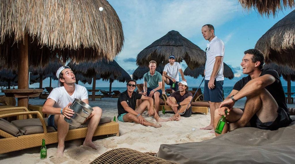 At the Iberostar Paraíso Del Mar, in Cancun, a killer sand game is key for Latinoamérica tour players (from left) Harrison Endycott, Rafael Becker, Tyson Alexander, Santiago Gomez, Santiago Gaviño, Michael Buttacavoli and Ignacio Marino.