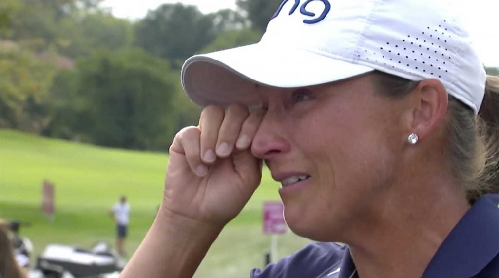 Angela Stanford wipes away tears moments after winning her first career major title.