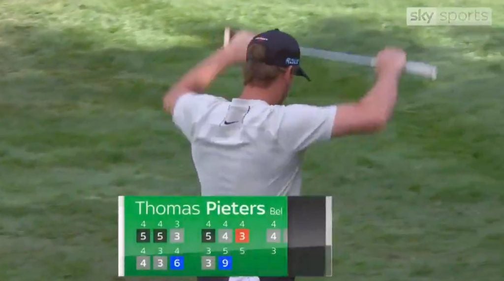 Thomas Pieters prepares to break his putter Friday at the European Masters.