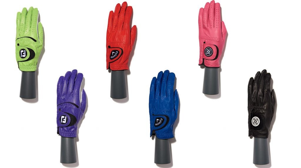 From left to right: FootJoy Spectrum golf gloves, Callaway Opticolor golf gloves, and G/FORE The Collection golf gloves.