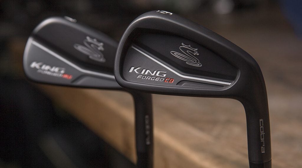 The new Cobra King Forged CB iron (front) and King Forged MB iron (back) in Cobra's shop.