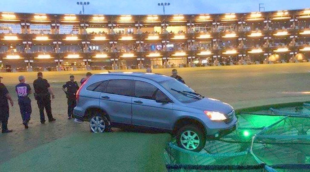 A unnamed suspect drove this stolen car onto a Topgolf driving range in Georgia on Thursday.