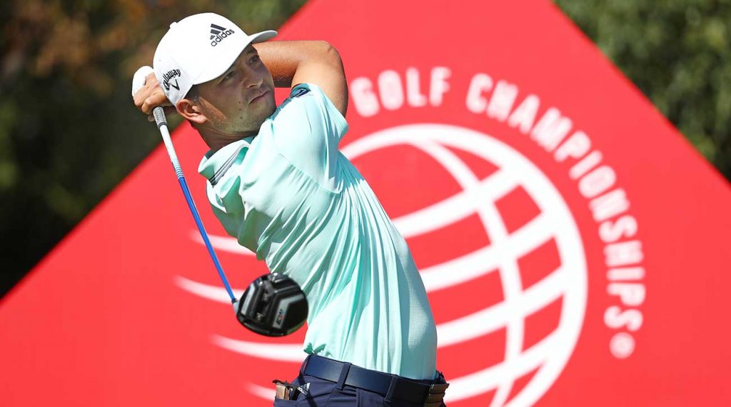 Xander Schauffele watches his drive during the final round of the WGC-HSBC Champions.