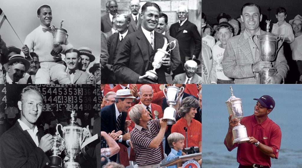 Golf legends Gene Sarazen, Bobby Jones, Ben Hogan, Arnold Palmer, Jack Nicklaus and Tiger Woods are among thsoe who have won multiple majors in one season.