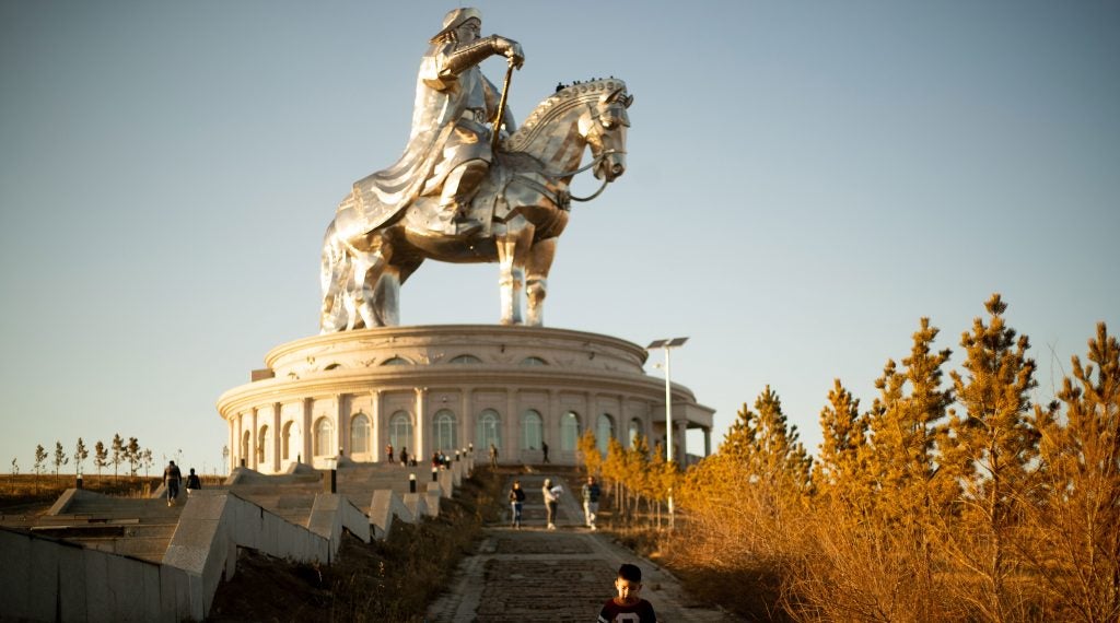 Genghis Khan towers over visitors in a park south of Ulaanbaatar.