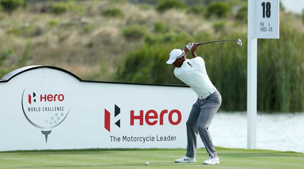Tiger Woods tees off at the 2018 Hero World Challenge.