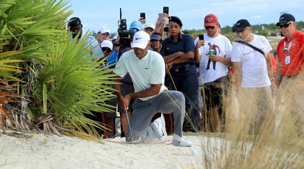 Tiger Woods was nearly charged with a two-stroke penalty for this suspected double hit at the 2018 Hero World Challenge.
