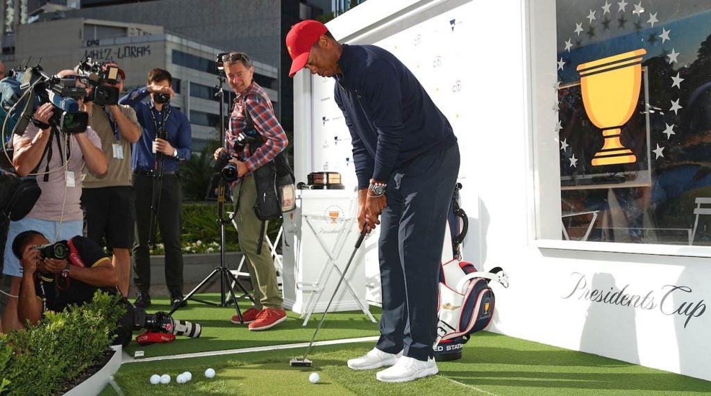 Tiger Woods wields a Scotty Cameron mallet putter in Australia earlier this week.