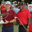 Justin Rose and Tiger Woods pose after tje 2018 Tour Championship.