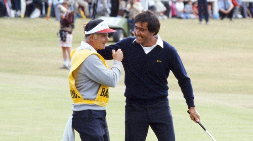 Seve Ballesteros and caddie Nick DePaul at the 1984 Open Championship at St. Andrews.