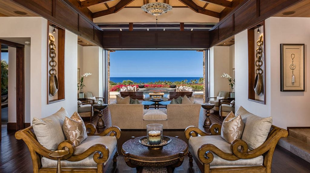 The great room has a picture perfect view of the Pacific Ocean.