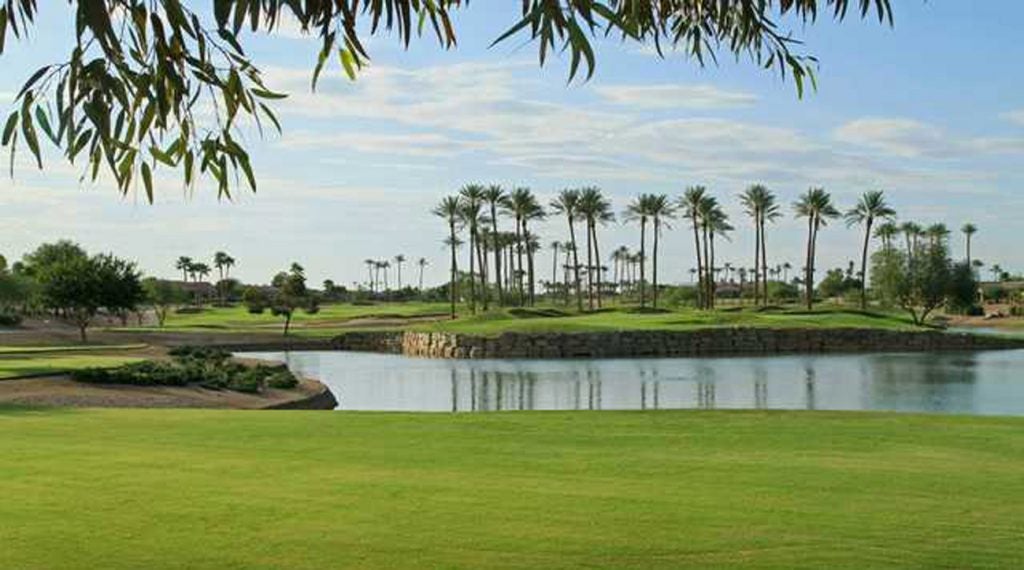 A view over the water at the seventh green at Cimarron.