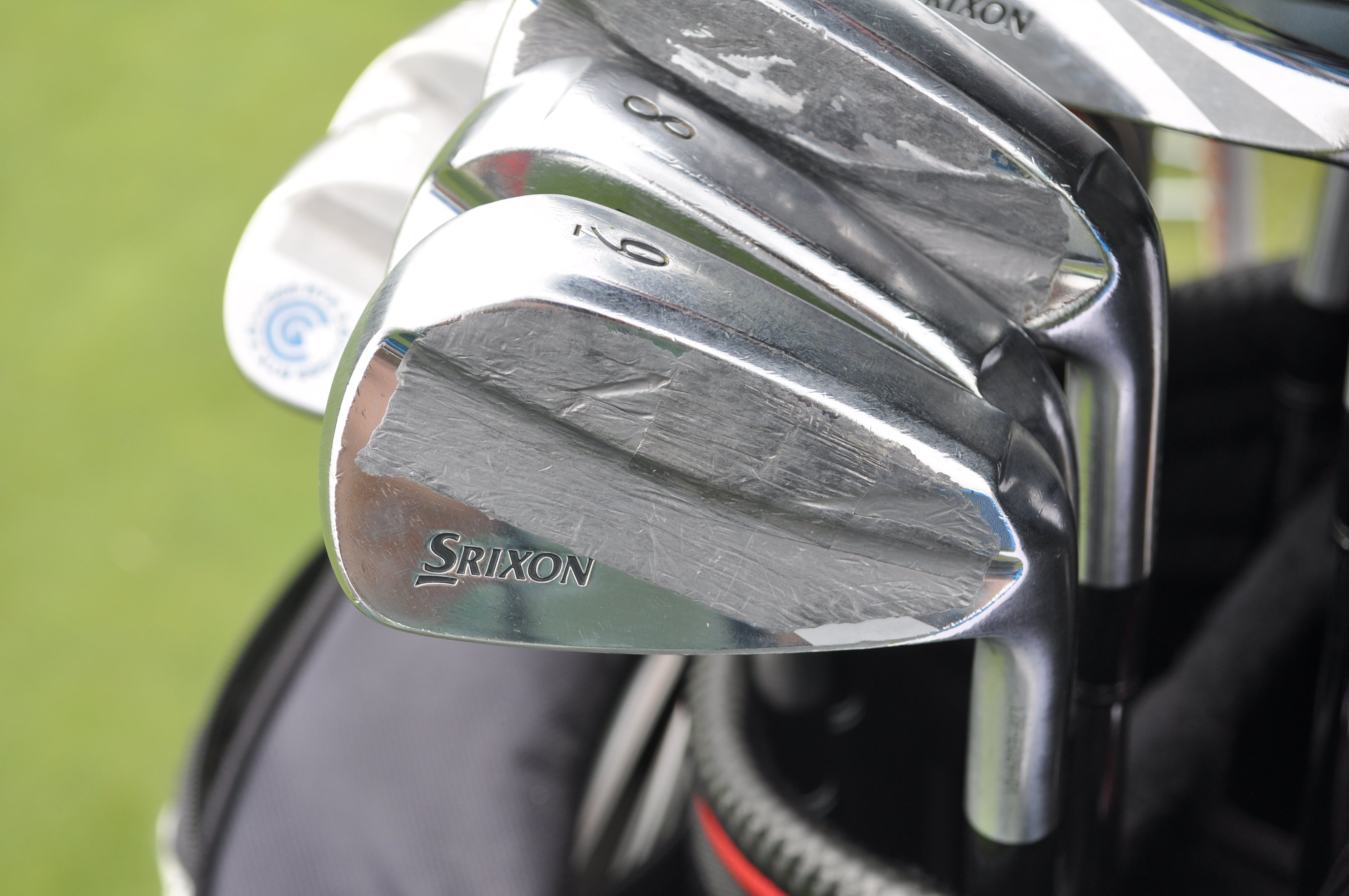 A strip of lead tape conceals the Z965 badging on Hideki Matsuyama's irons. 
