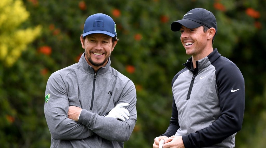 Mark Wahlberg and Rory McIlory share a laugh during the Genesis Open Pro-Am.