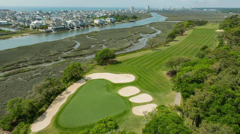 An aerial view of the majestic 13th hole at Tidewater Golf Club.