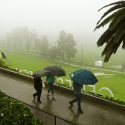 People take cover from rain under umbrellas Thursday at the 2019 Genesis Open