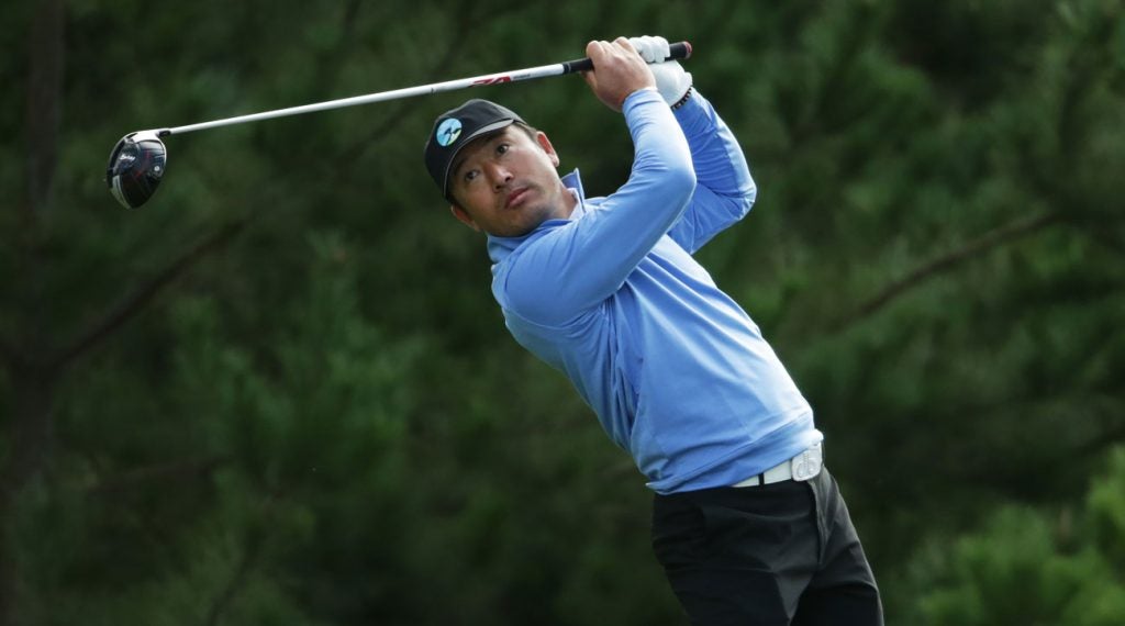Hosung Choi plays a tee shot during the first round of the 2019 AT&T Pebble Beach Pro-Am
