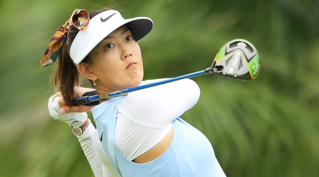 Michelle Wie tees off during the first round of the HSBC Women's World Championship on Thursday. She later withdrew.