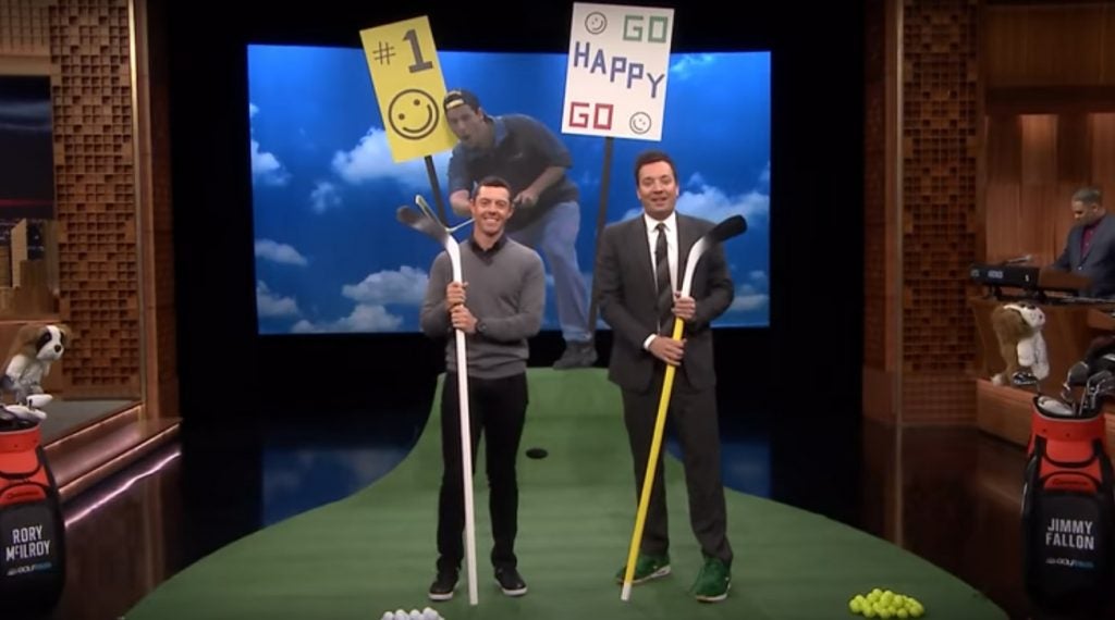 Rory McIlroy and Jimmy Fallon before facing off in the Happy Gilmore Putting Contest on the Tonight Show