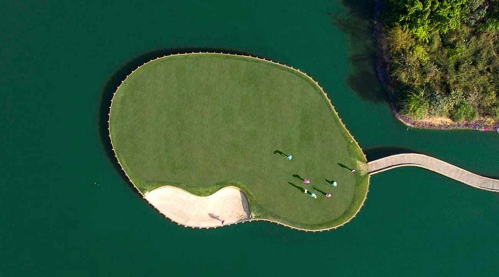 The par-3 5th at the Hero Indian Open is surrounded by water.