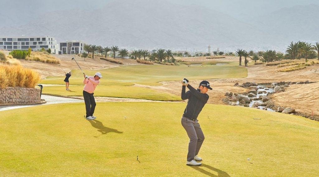 A promotional photo for the Jordan Mixed Open features LET player Olivia Cowan (far left), Staysure Tour’s Barry Lane (middle) and Challenge Tour player Borja Virto (right).