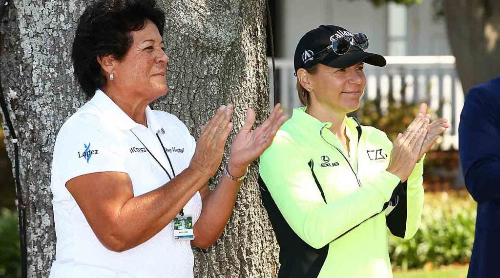 Nancy Lopez and Annika Sorenstam, shown here at Augusta's 2017 Drive, Chip and Putt Contest, will be heavily involved in this year's inaugural Women's Am. 