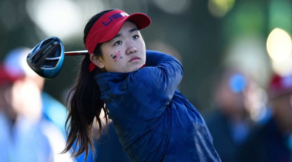 Rose Zhang tees off during the 2018 Junior Ryder Cup in Paris, France.
