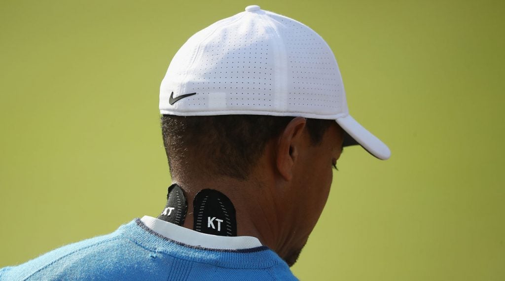 Tiger Woods had KT Tape on his neck during the 2018 British Open.