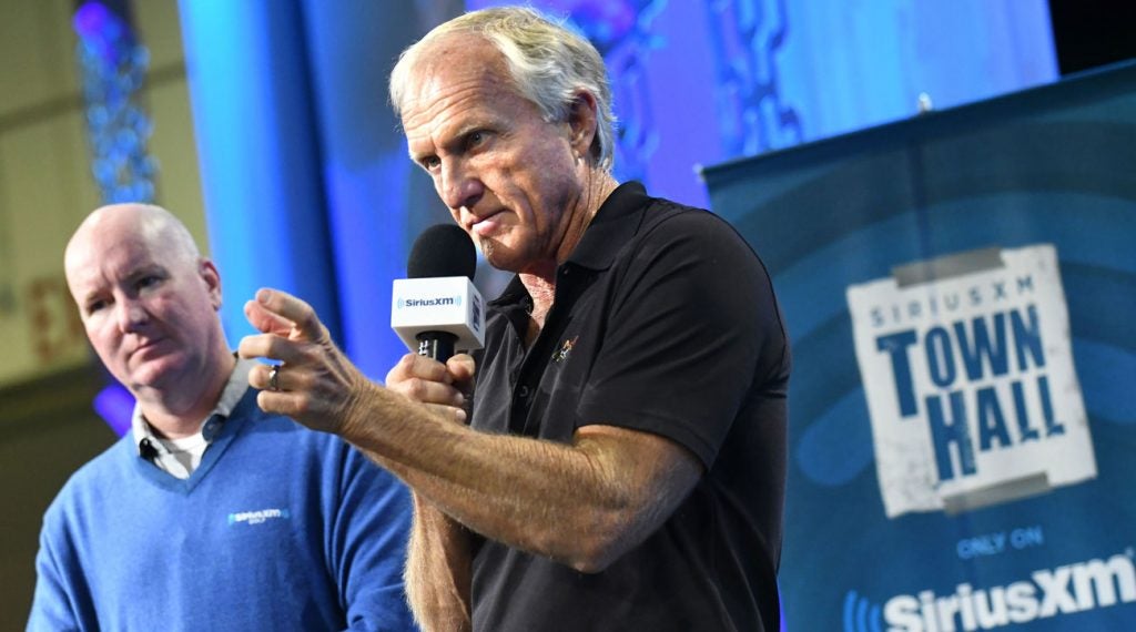 Greg Norman speaks during an event at the 2019 PGA Show