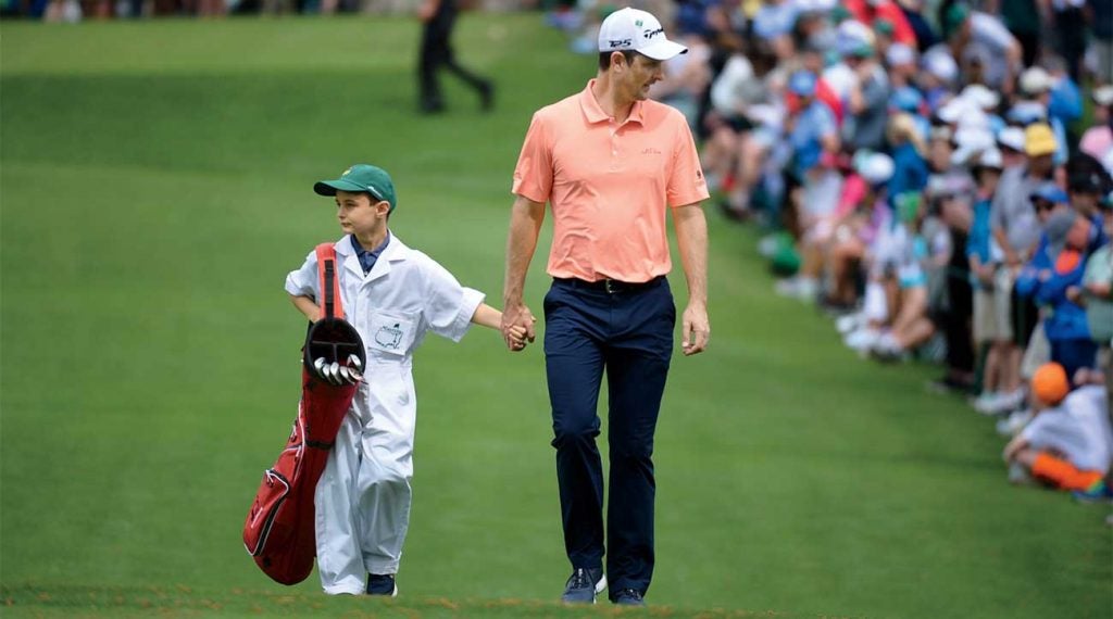 Justin Rose and his son, Leo, at the 2018 Masters Par-3 Contest.