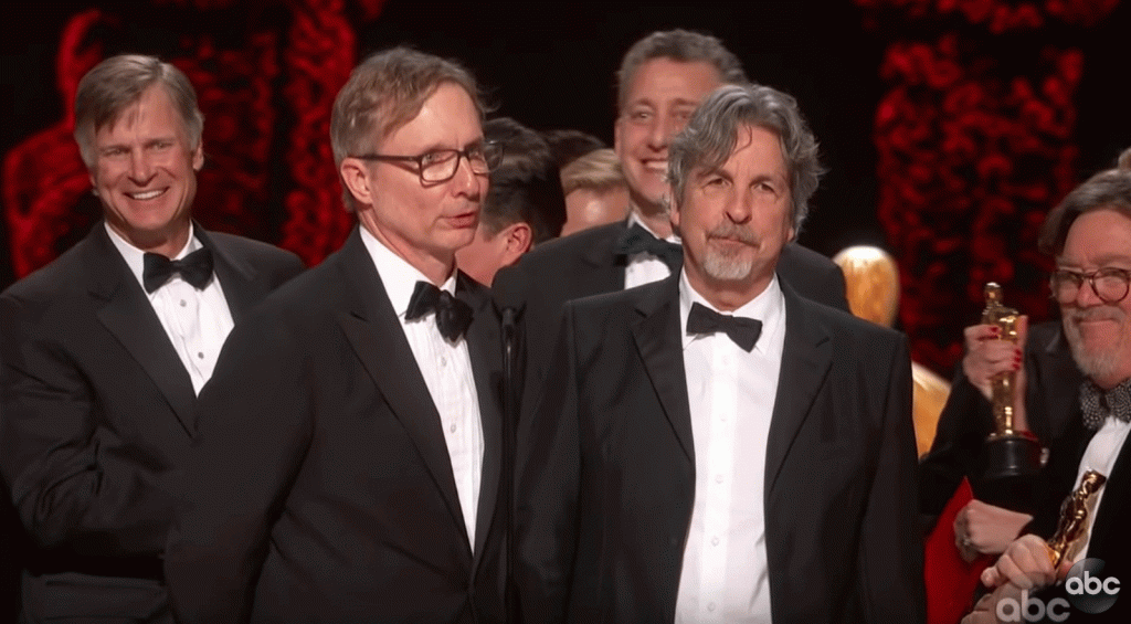 Ted Virtue, far left, was part of the Green Brook team that accepted the Academy Award for Best Picture.   