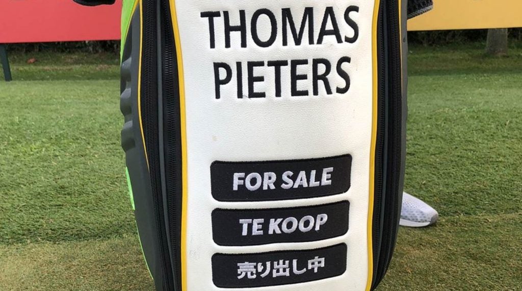 For Sale sign golf bag: THomas Pieters golf bag