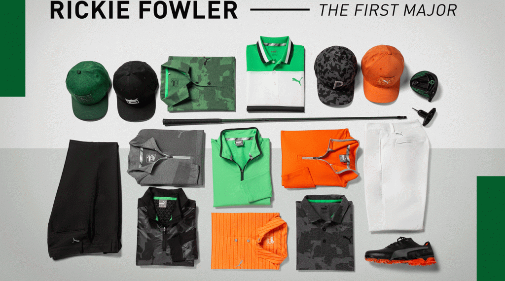 Shades of green, black, and of course, orange, dominate Rickie Fowler's Puma ensembles.
