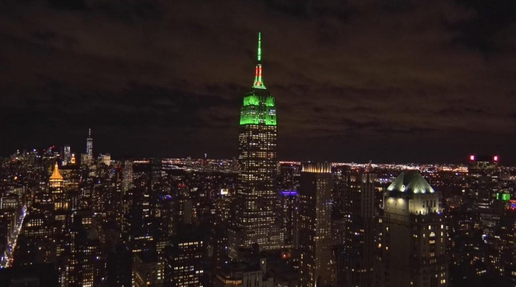 The Empire State Building in New York City was lit up in green on Monday night to honor Tiger Woods' win at the 2019 Masters.