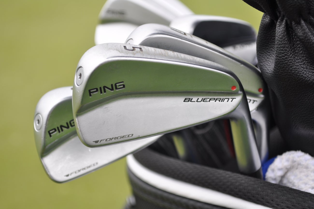 The latest sign Ping's Blueprint irons will eventually come to retail? Check out the red dot (which denotes lie angle on the retail version) on Brady Schnell's irons. 