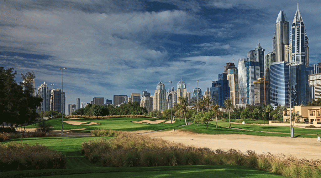 The par-3 17th hole on the Faldo Course at the Emirates Golf Club.