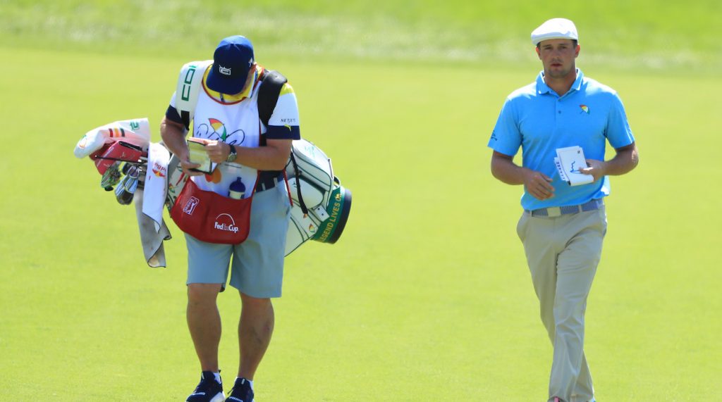 ORLANDO, FLORIDA - MARCH 07: Bryson DeChambeau of the United States walks with his caddie up the second hole during the first round of the Arnold Palmer Invitational Presented by Mastercard at the Bay Hill Club on March 07, 2019 in Orlando, Florida. (Photo by Sam Greenwood/Getty Images)