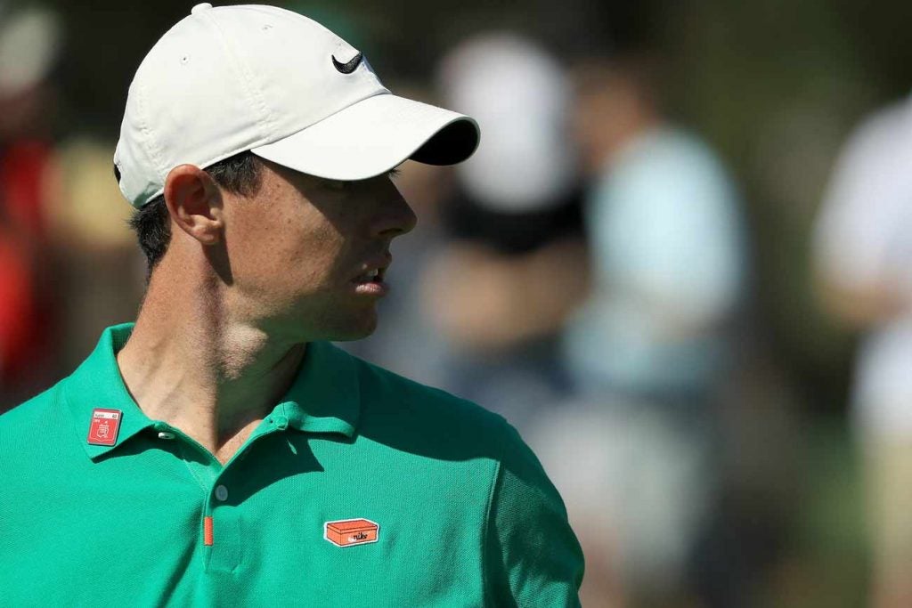 If you look closely, Rory McIlroy is wearing a Nike shoebox in place of his normal Swoosh.