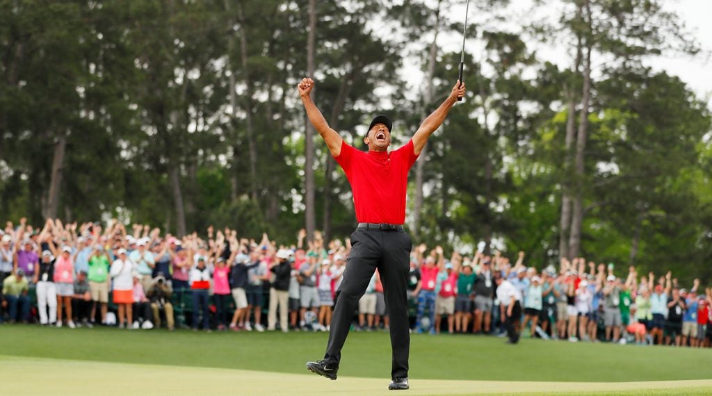 Tiger Woods celebrates after his fifth career Masters win.
