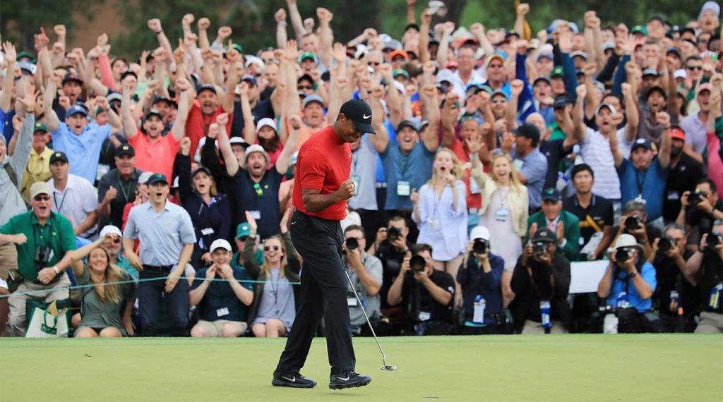 Tiger Woods pumps his fist after winning the 2019 Masters.