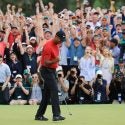 Tiger Woods pumps his fist after winning the 2019 Masters.