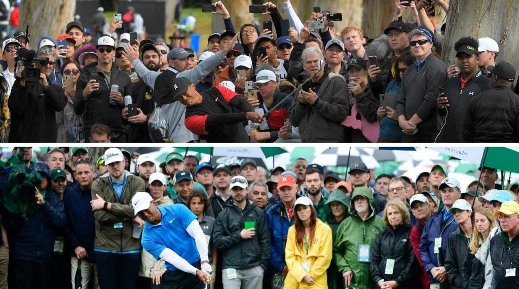 There's a visible difference in the way fans watch at the Genesis Open (top) and the Masters (bottom).