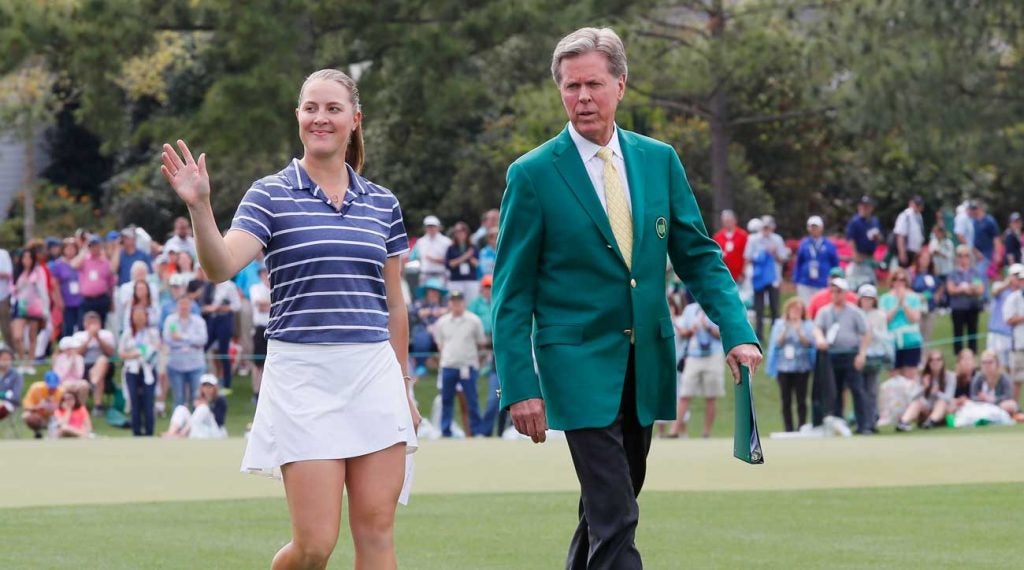 Fred Ridley walks alongside the winner of the Augusta National Women's Amateur, Jennifer Kupcho.