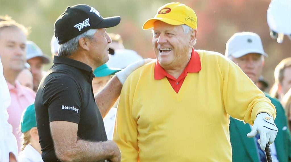 Jack Nicklaus and Gary Player share a laugh following the ceremonial tee shot at the 2019 Masters.