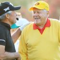 Jack Nicklaus and Gary Player share a laugh following the ceremonial tee shot at the 2019 Masters.
